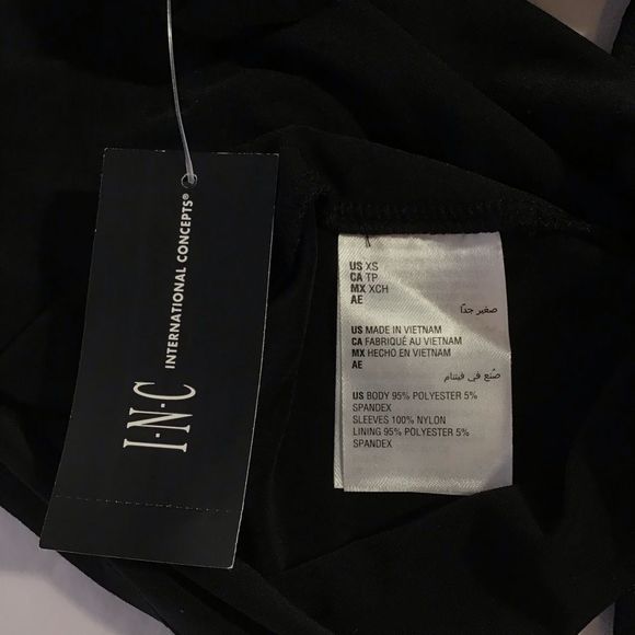 INC Deep Illusion Black Blouse V Neck Mesh Sleeve - Picture 5 of 8